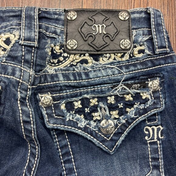 Miss Me Signature Boot Jeans Rhinestones Flowers Medium Wash Jeans Size 25 - Picture 11 of 12